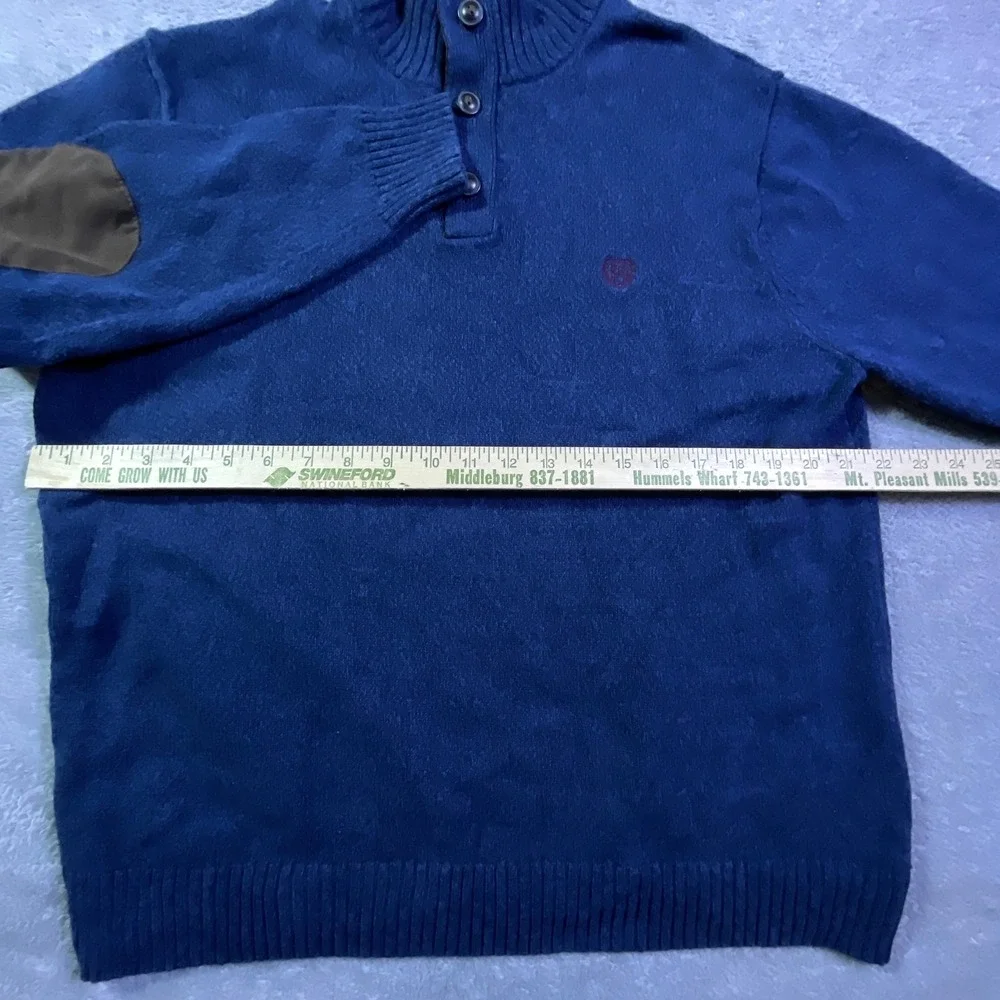 Chaps Men's Blue Knit Sweater Elbow Patches Mock Neck Pullover Size Large Ribbed